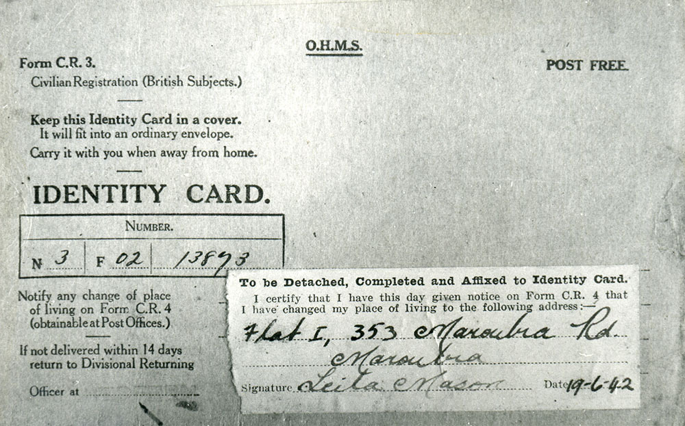 Copy of a World War II identity card made out to Leila Mason
