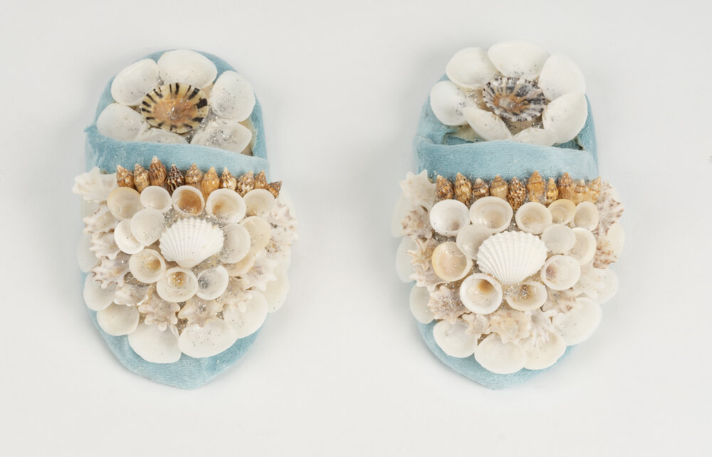 Shellwork shoes with blue velvet, handmade by Aunty Marilyn Russell