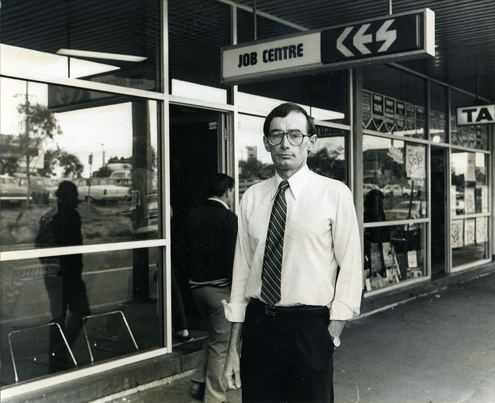 Bob Carr outside the Maroubra Job Centre