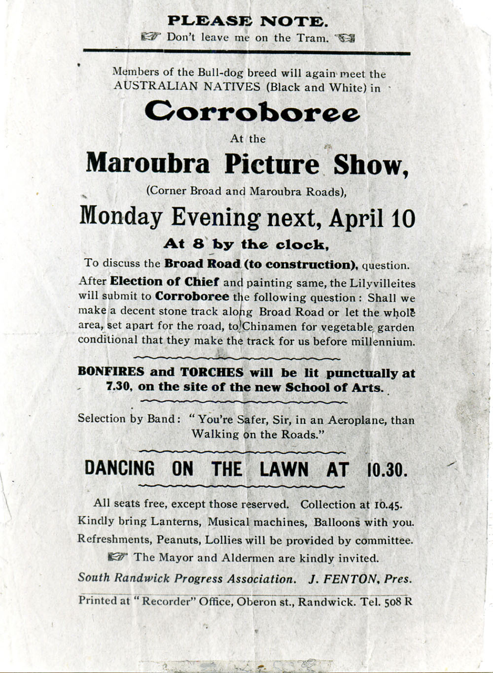 Copy of a leaflet advertising a meeting of Maroubra residents to campaign for improvements to Anzac Parade on 10th of April