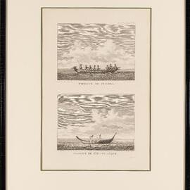 Engraving, Pirogue du Tchoka; Pirogue de l'Ile de Paque, Pl. 61 of Atlas du voyage de Lapérouse