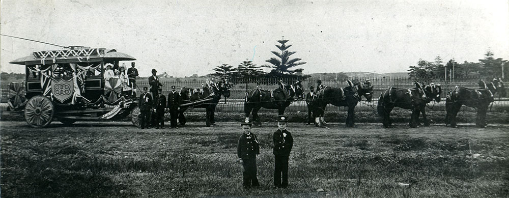 Eight Hour Day procession showing the float of the tram workers outside Centennial Park