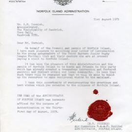 Letter regarding South Eastern Junior Rugby League Club being the 1973 series winner during the tour of Norfolk Island