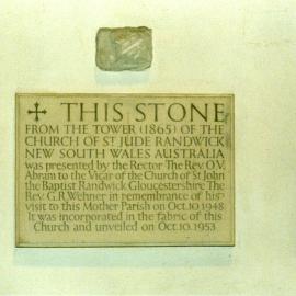 Stone from St Jude's church, Randwick, N.S.W. in St John the Baptist Church, Randwick, Gloucestershire
