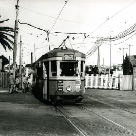 Tram at the entrance to the Randwick Tramway Workshop
