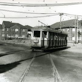 Tram on King Street travelling to the Randwick Tramway Workshop