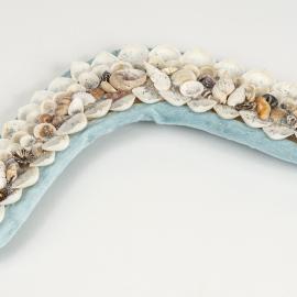 Shellwork boomerang with blue velvet, handmade by Aunty Marilyn Russell