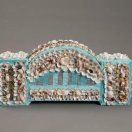 Shellwork Harbour Bridge with blue velvet, handmade by Aunty Marilyn Russell
